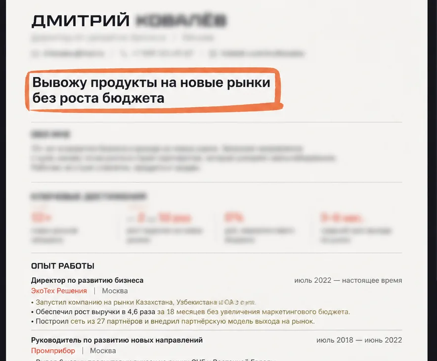 Резюме с обведённым УТП «Вывожу продукты на новые рынки без роста бюджета» и блоком опыта работы